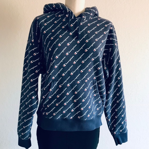 Champion All-Over Diagonal Logo Reverse Weave Hoody Sweatshirt Mens Size XL  EUC - Picture 3 of 11